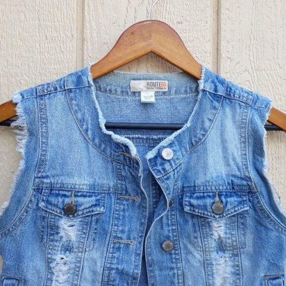 Vintage 80's Route 66 Distressed Raw Hem Light‎ Wash Cropped Jean Vest Sz S - Picture 4 of 7